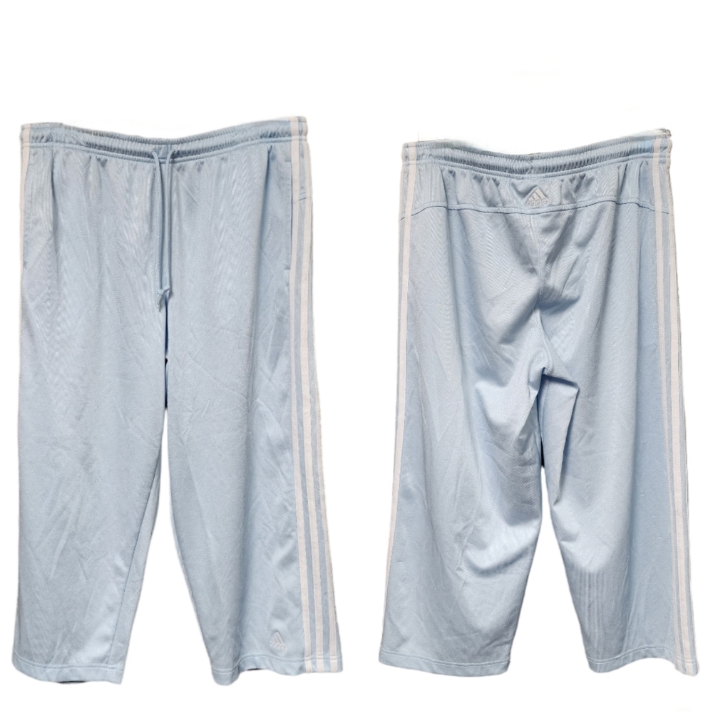 Adidas Women's Tri Striped Cropped Light Blue Drawstring Pants Size Large